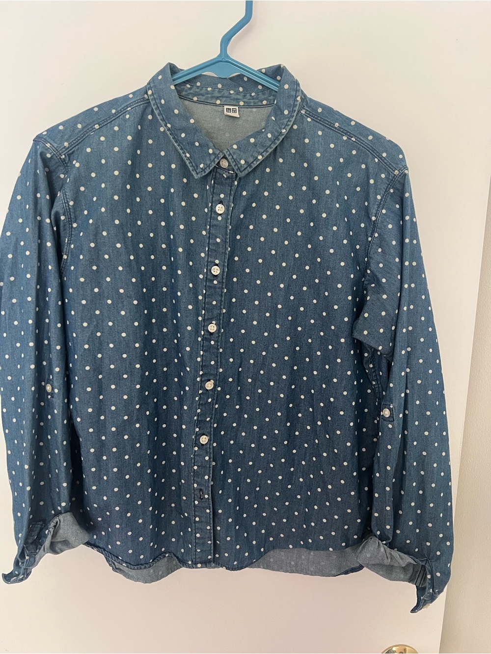 Uniqlo Denim Blue Button-Down with White Polka Dots